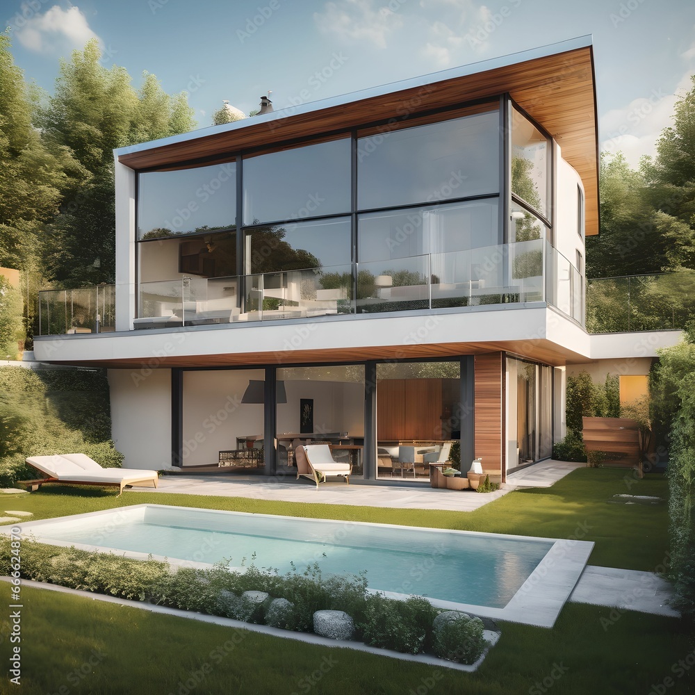 9. Modern house architectural design with swimming pool. Generative AI