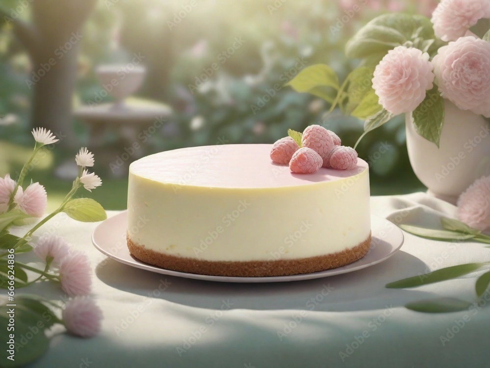 A cheesecake served in a serene garden with a pastel color scheme and space for text, background image, AI generated A cheesecake served in a serene garden with a pastel color scheme and space for text, background image, AI generated