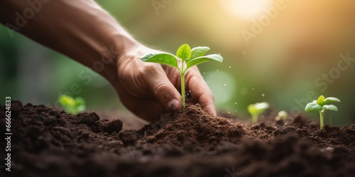 Hand planting young tree with sunlight, Small plant into the ground, Concept eco earth day, Gardening technical, Agriculture concept, generative ai
