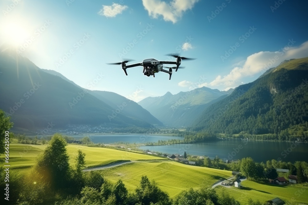 Fototapeta premium Quadcopter flies over a beautiful landscape. AI generative