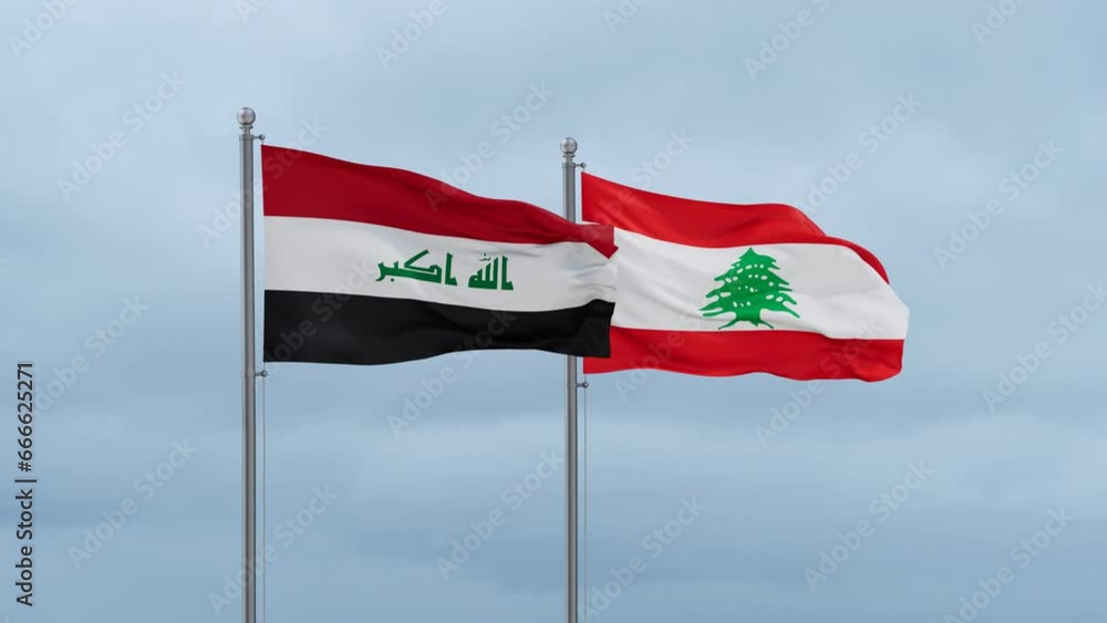 Lebanon flag and Iraq flag waving together on cloudy sky, endless seamless loop, two country relations concept Lebanon flag and Iraq flag waving together on cloudy sky, endless seamless loop, two country relations concept