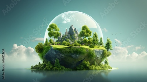 Fantasy island floats with Earth globe trees mountains on grass surface Ad for creative travel and holidays © vxnaghiyev