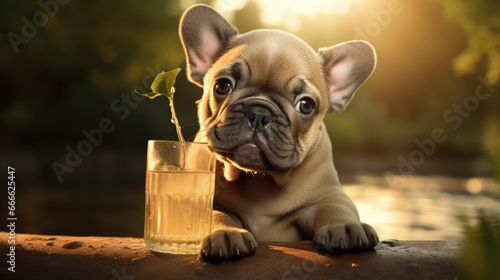 French bulldog puppy drinking on a walk © vxnaghiyev
