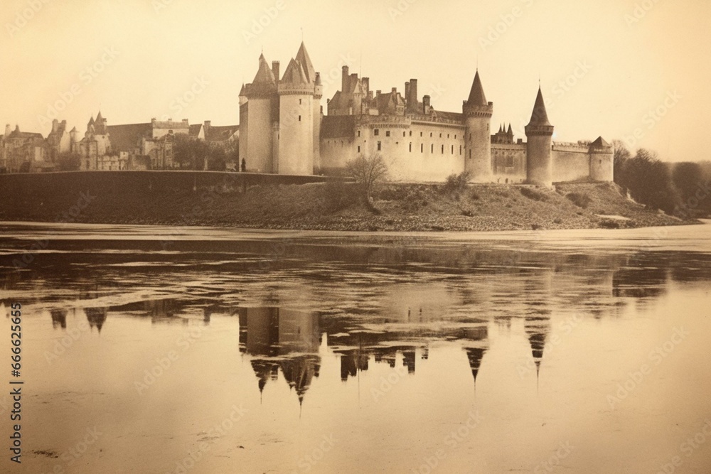 A vintage photo of Saumur Castle. Generative AI