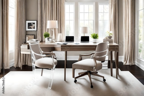 Home office space that is taupe. Elegant polyester desk chair and acrylic accent chairs