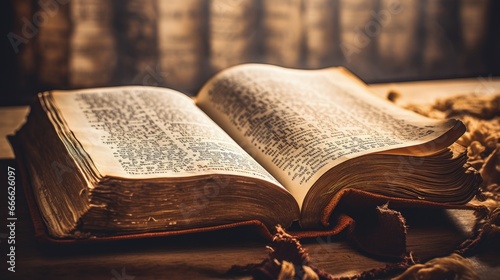 Focused on old Jewish books showing worn pages of opened scripture in closeup photo