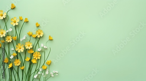 Green grass and yellow flowers on light green background minimal top view flat lay with top copy space © vxnaghiyev