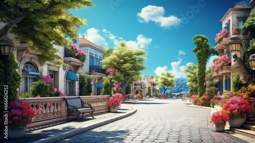 Deserted road in a peaceful garden below a beautiful sky