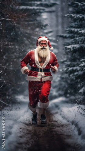 16:9 Photography Big muscular Santa Claus is run and exercise in preparation for sending gifts on Christmas Day.generative ai