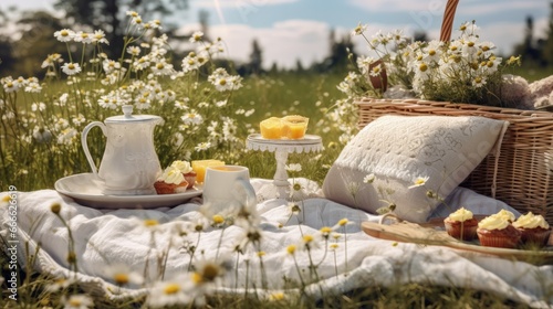 Eco friendly summer picnic in a chamomile field with fruits lemonade and vegan dessert © vxnaghiyev