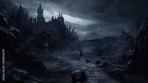 Gloomy mountainous region with a dark gothic castle in a dead valley