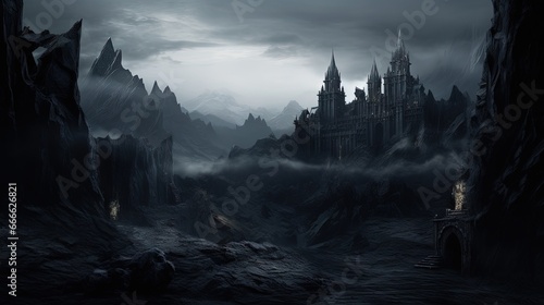 Gloomy mountainous region with a dark gothic castle in a dead valley