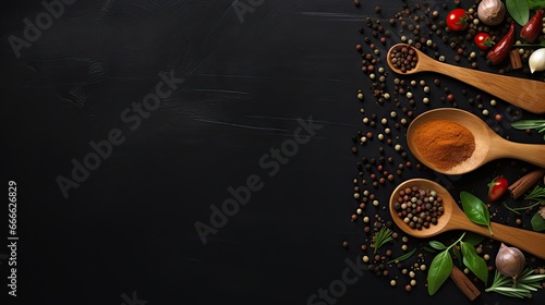 Cooking concept with wooden spoon and knife surrounded by ingredients on a dark background Top view copy space available