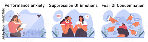 Anxiety set. Character mental health issues. Woman coping with psychological