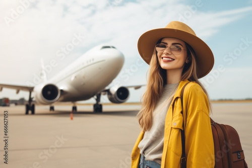 Happy young woman wearing hat with travel bag pack standing by the airplane and ready to departure. tourism and vacation concept.