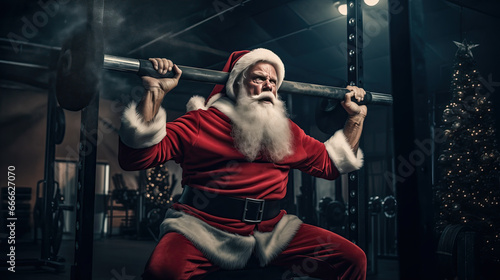 16:9 Photography Big muscular Santa Claus is pull up bar and exercise in preparation for sending gifts on Christmas Day.generative ai