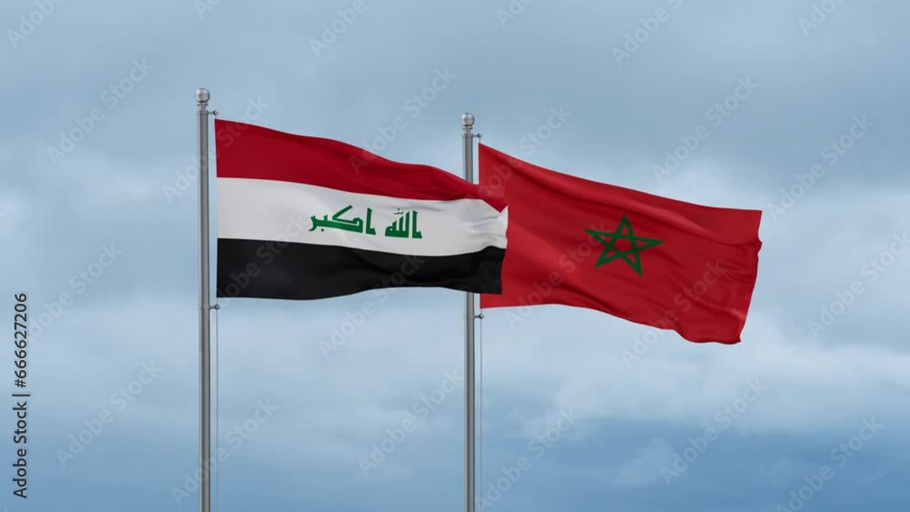 Morocco flag and Iraq flag waving together on cloudy sky, endless seamless loop, two country relations concept Morocco flag and Iraq flag waving together on cloudy sky, endless seamless loop, two country relations concept