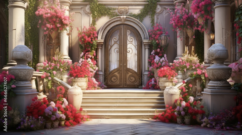 Entrance of house framed by floral pots