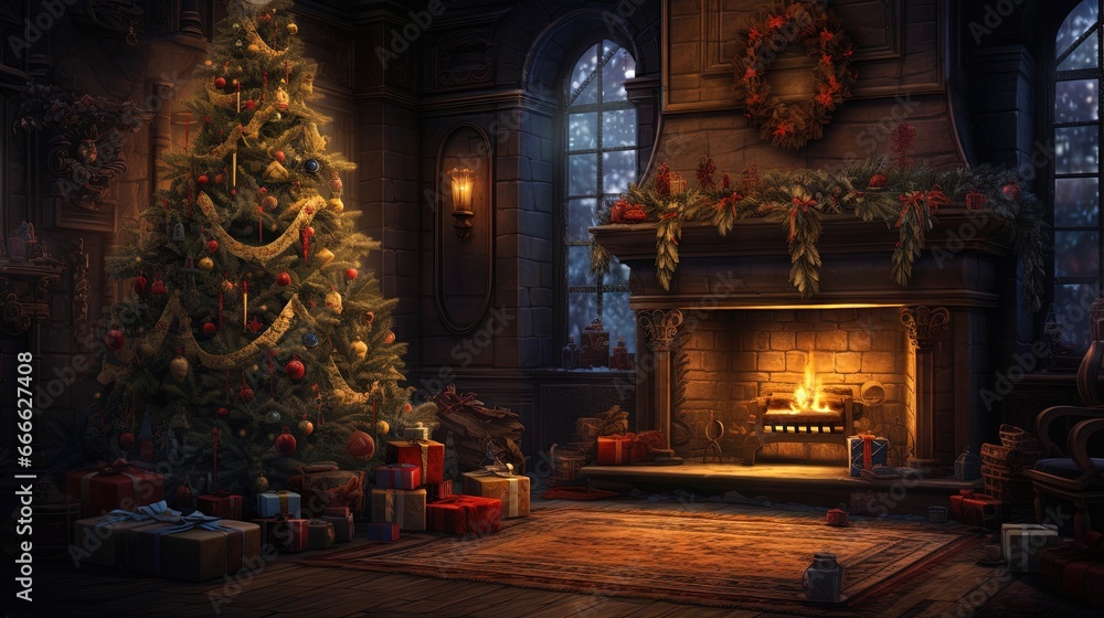 Dark night filled with magic as gifts surround a glowing Christmas tree by the fireplace - obrazy, fototapety, plakaty 