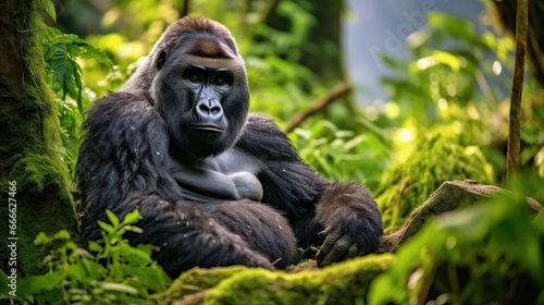 Gorilla in the forest of Mgahinga National Park Uganda photographed up close in its natural habitat in Africa surrounded by lush green vegetation © vxnaghiyev