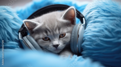 Content gray feline with blue eyes wearing wireless headphones enjoying on a comfortable bed with a cozy home backdrop Kitten lounges
