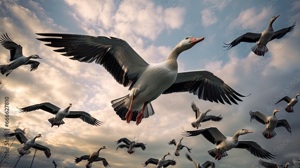 Obraz premium Geese flying freely in the sky a gathering of wildlife birds