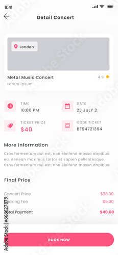Concert, Music festival, Act, performance, jam session and Events Ticket App UI Kit Template
