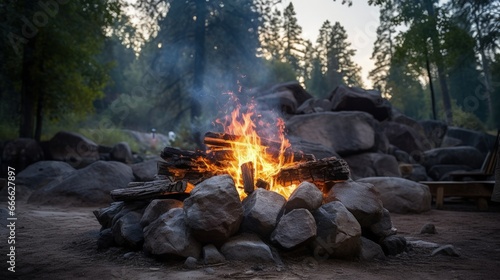 Fire pit made of stacked rocks in a makeshift forest campsite for safe camping near a river and bridge to avoid forest fires