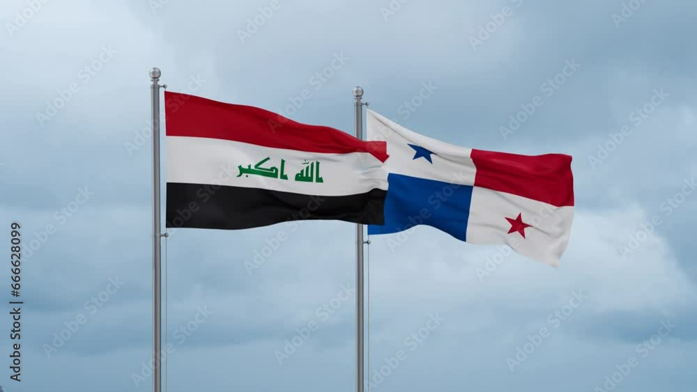 Panama flag and Iraq flag waving together on cloudy sky, endless seamless loop, two country relations concept Panama flag and Iraq flag waving together on cloudy sky, endless seamless loop, two country relations concept