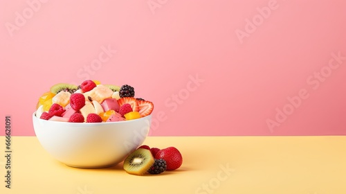 Fruit salad in cup on pink background space for text