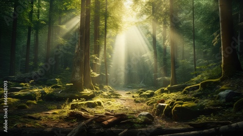 Gorgeous forest scenery with a glowing light beam and a background of wood © vxnaghiyev