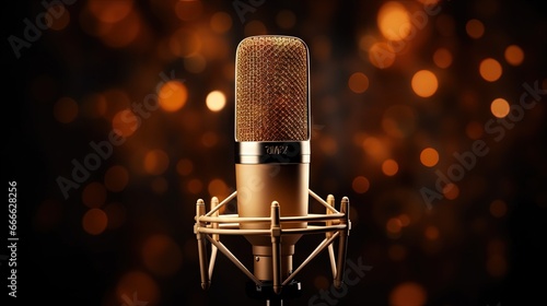 Golden condenser microphone used in studio recording for content creator sound effects
