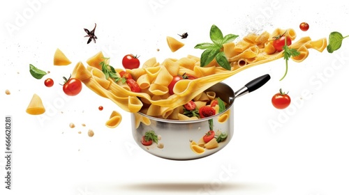 Flying pasta and saucepans on white background