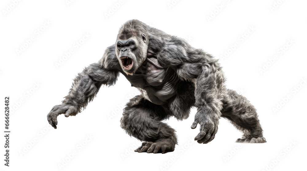 a Silverback Gorilla in motion, front view as an isolated and transparent PNG in a Nature-themed, photorealistic illustration. Generative ai