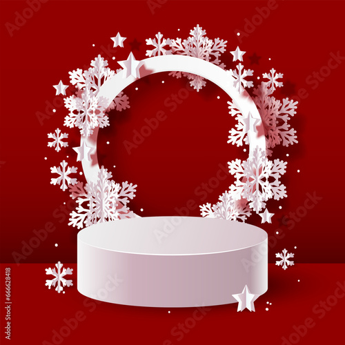 Realistic 3d cylinder podium with Christmas paper snowflakes on red background. Vector platform for product presentation