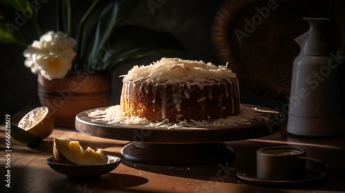 coconut cake on a table in sun light, new quality stock image food illustration desktop wallpaper design, Generative AI