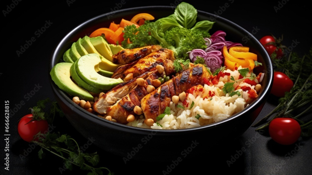 Delicious balanced concept of a top view buddha bowl with grilled chicken rice spicy chickpeas avocado and cabbage on a dark background Delicious balanced concept of a top view buddha bowl with grilled chicken rice spicy chickpeas avocado and cabbage on a dark background