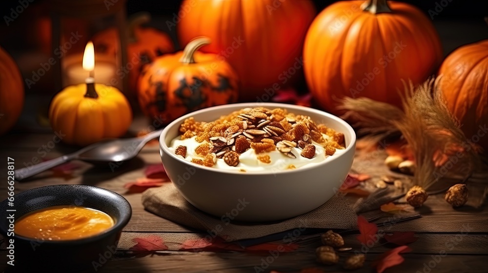 Granola with pumpkin and yogurt promotes a nutritious diet with superfoods
