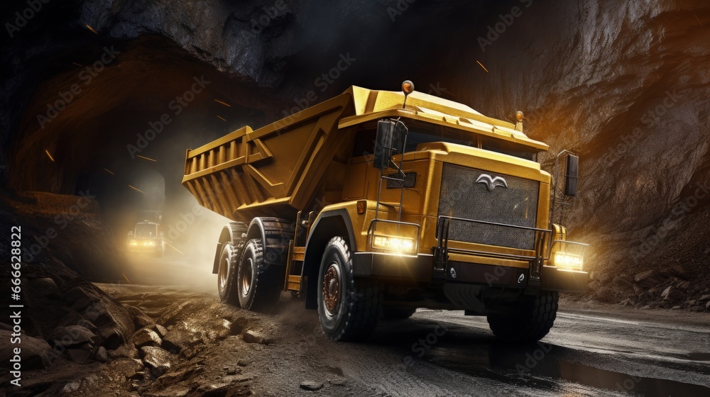 Gold mining industry with open pit mines and large yellow trucks transporting gold on mining routes Gold mining industry with open pit mines and large yellow trucks transporting gold on mining routes