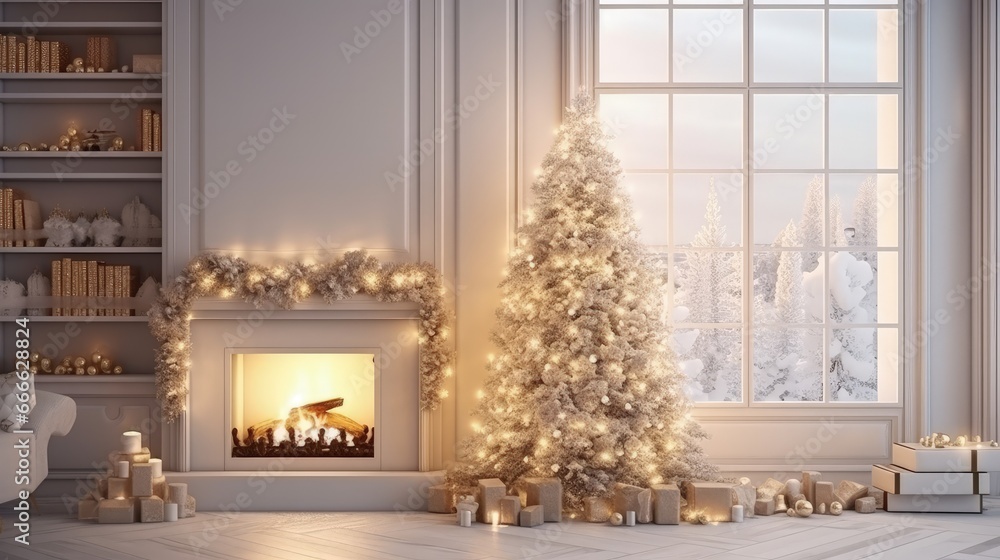 Cozy modern room with Christmas tree fireplace and lovely decor