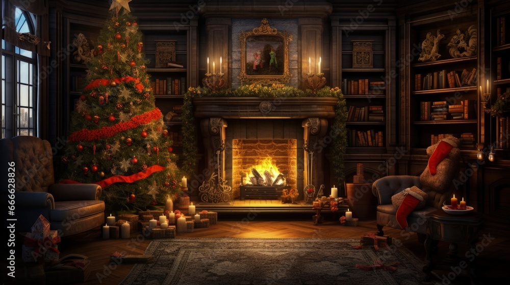 Dark night filled with magic as gifts surround a glowing Christmas tree by the fireplace