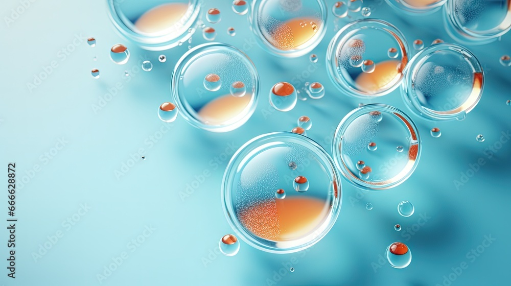Cosmetic research concept with serum on light blue petri dishes - obrazy, fototapety, plakaty 