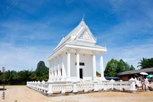 Ancient white ubosot ordination hall or antique old church for thai people visit respect praying blessing wish holy mystery in Wat Pho Khuan Maphrao temple on October 13, 2023 in Phatthalung, Thailand