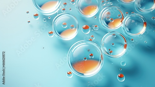 Cosmetic research concept with serum on light blue petri dishes photo