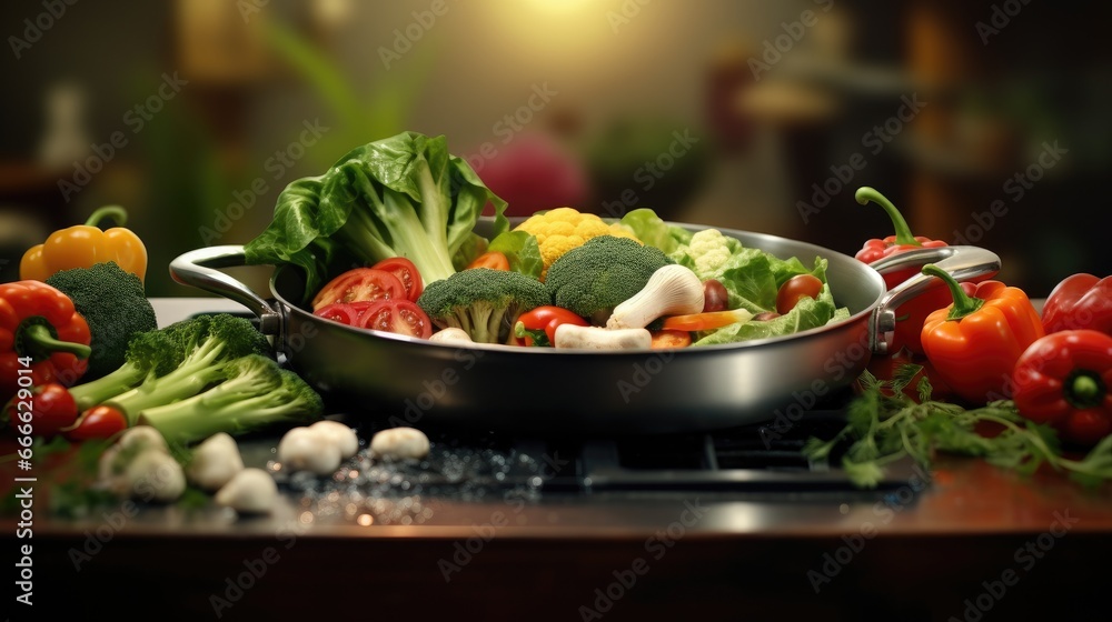 Cooking with fresh vegetables in a pan to promote health