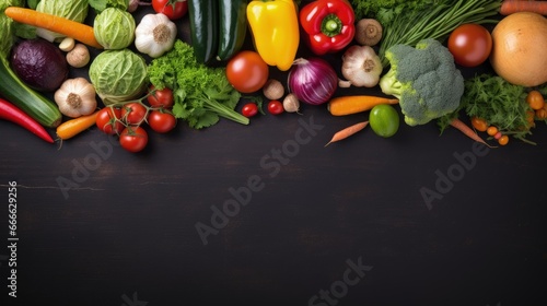 Fresh organic vegetables on black chalkboard with eco shopping bag top view