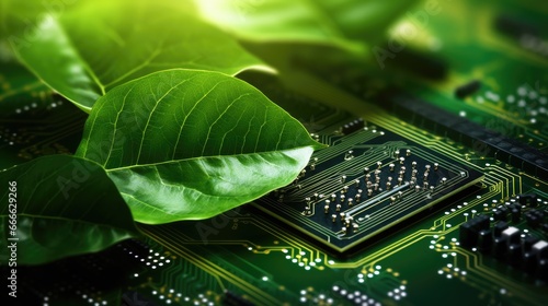 Connecting nature and technology through green computing IT ethics and green technology on a computer circuit board photo