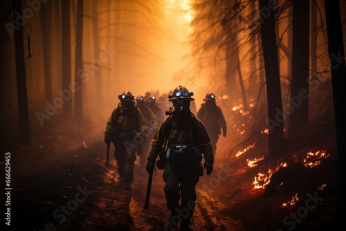 Courageous firefighters amidst a blazing forest, smoke billowing around them. Clad in protective gear, they embody bravery and resilience in the face of nature's fury.