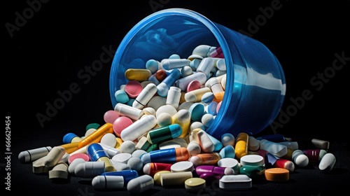 Expired pills and medicines discarded with recycling symbol Collecting waste pills for recycling Waste management concept