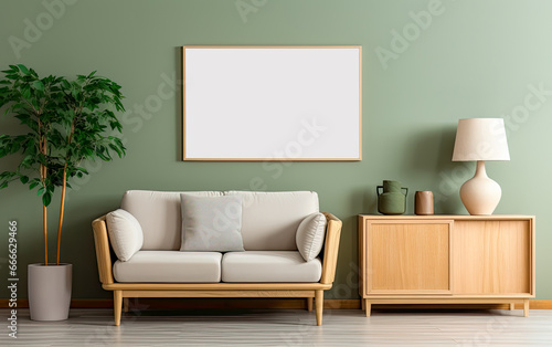  Warm and Cozy Composition of spring living room interior with mock - up poster frame, wooden sideboard, white sofa, green stand, base with leaves, plants, and stylish lamp, Home Decor,